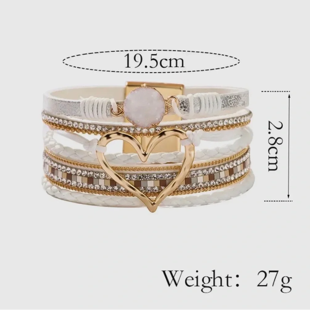 Bohemian Heart Buckle Bracelet Rhinestone Magnetic Closure One Size